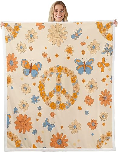 Miniatura 19 de Manta de vellón Kawaii Mushroom Boho – Hippie Groovy Floral Sherpa Queen – 60s 70s Retro Vintage Theme Throw – Chic Daisy Flower Plush Geometric