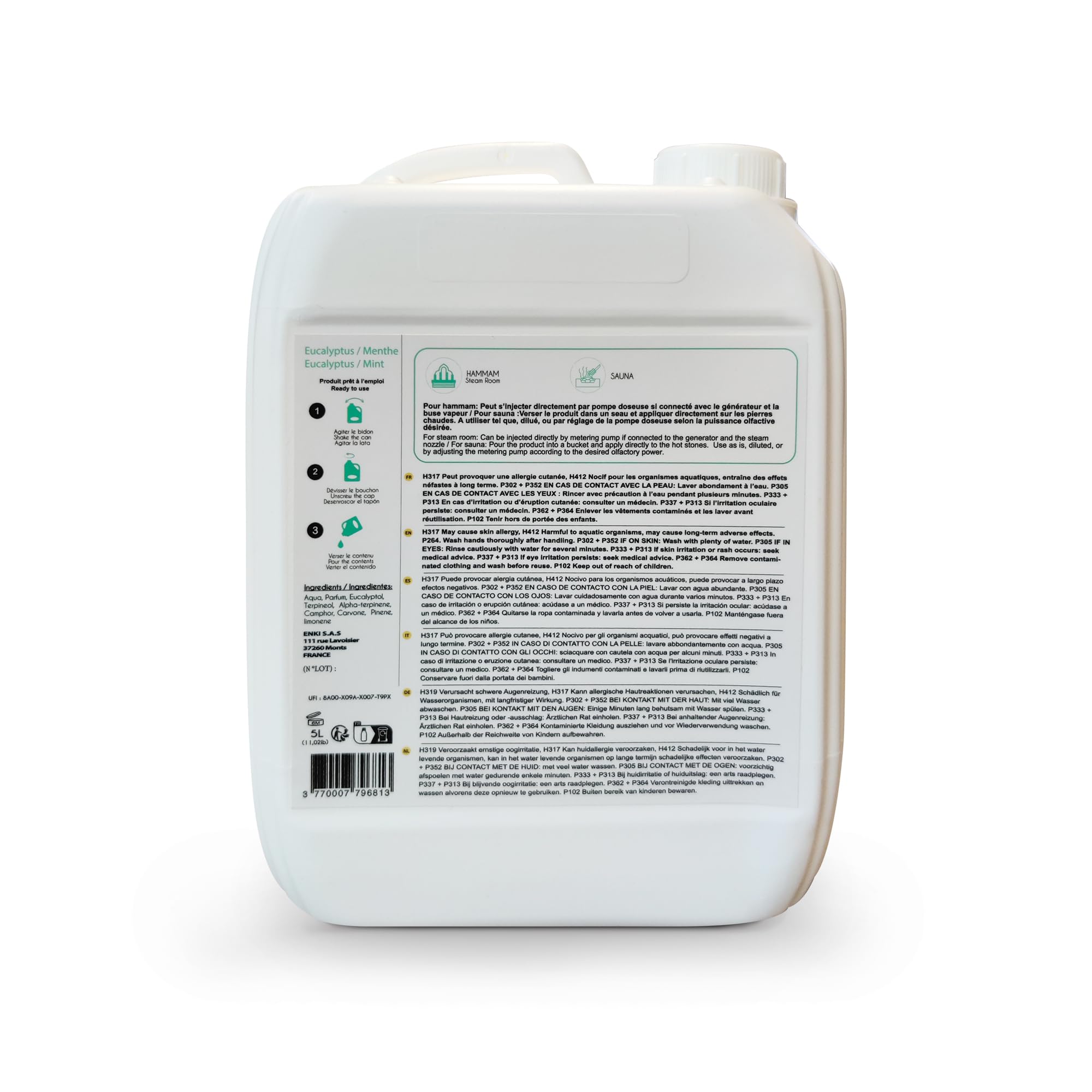 KIKAO - Élixir Eucalyptus & Menthe pour Hammam et Sauna - Bidon Format Professionnel - Aux Huiles Essentielles d'eucalyptus- Parfum Relaxation, Aromathérapie, Bien-Être - 5kg Prêt à l'Emploi