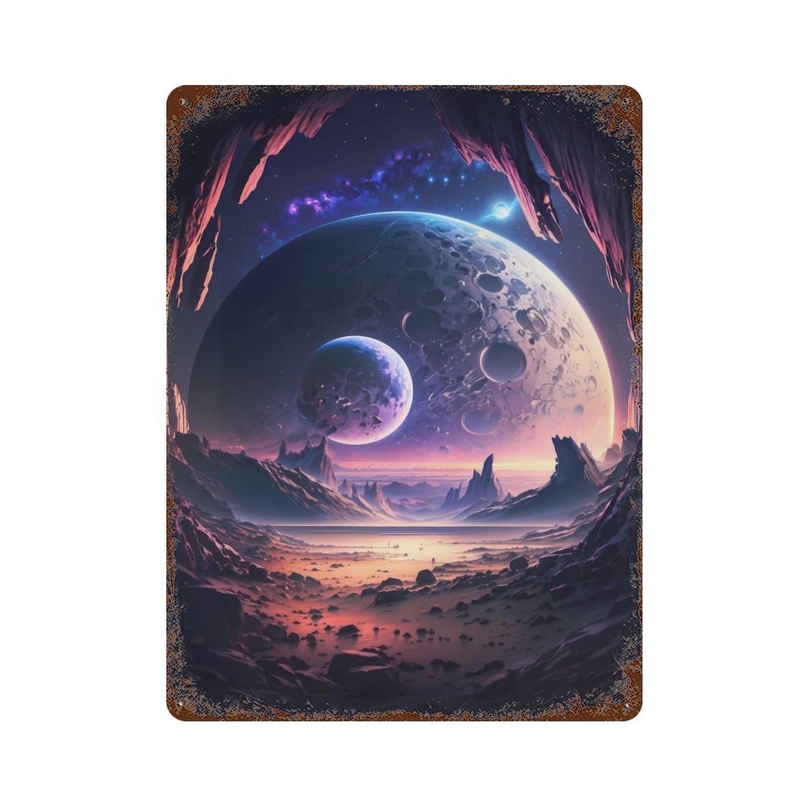 Garage Style Stellar Space Landscape Rust Effect Tin Sign 15.7"x11.8", Vintage Wall Decor for Bar And Workshop