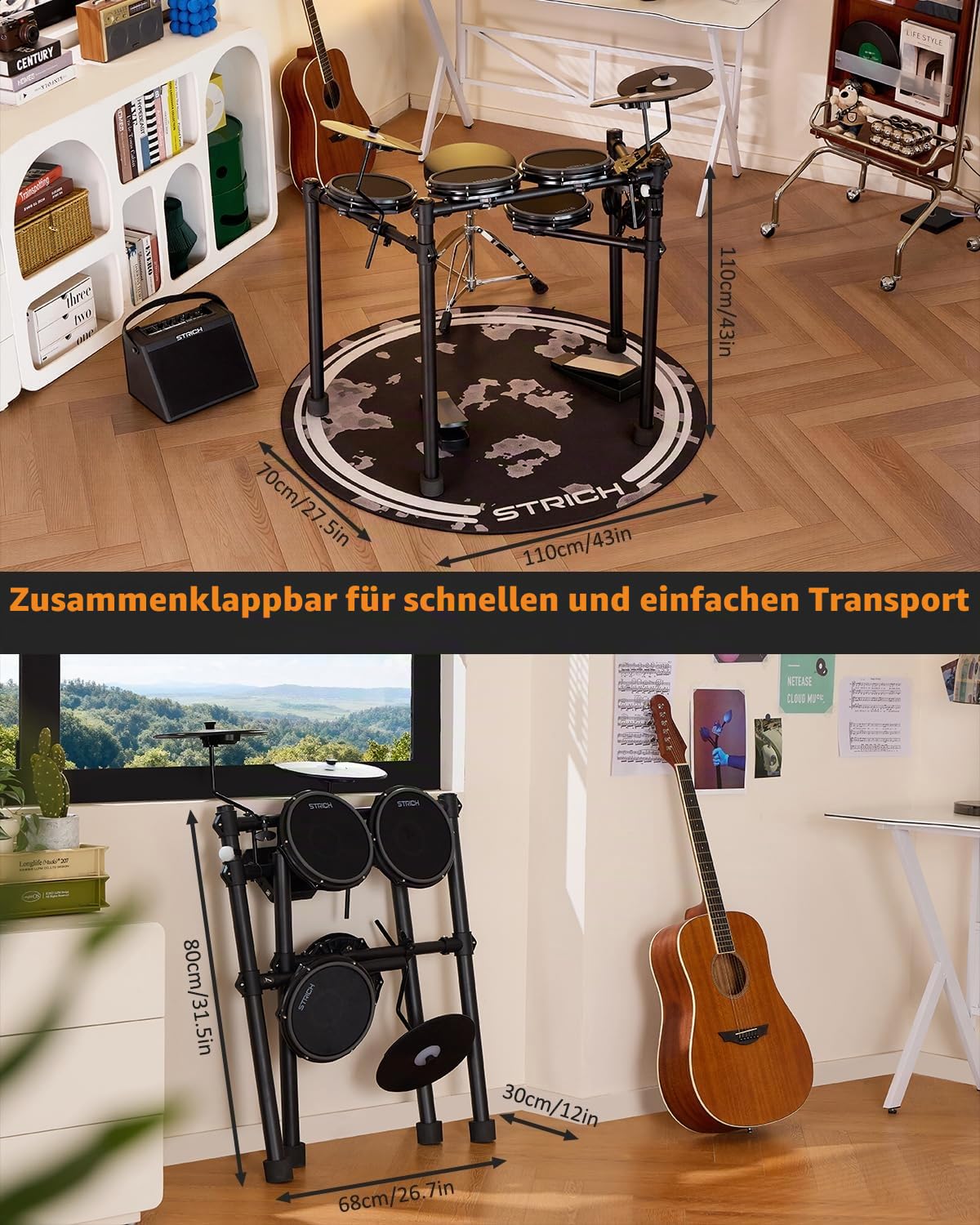 STRICH Elektronisches Schlagzeug E-Drum Set mit Mesh Heads, LED Drum Pads, USB MIDI, faltbares Electronic Drum Kit mit Drumhocker, Kopfhörer und Drum Matte für Anfänger & Home Practice, SED-T03