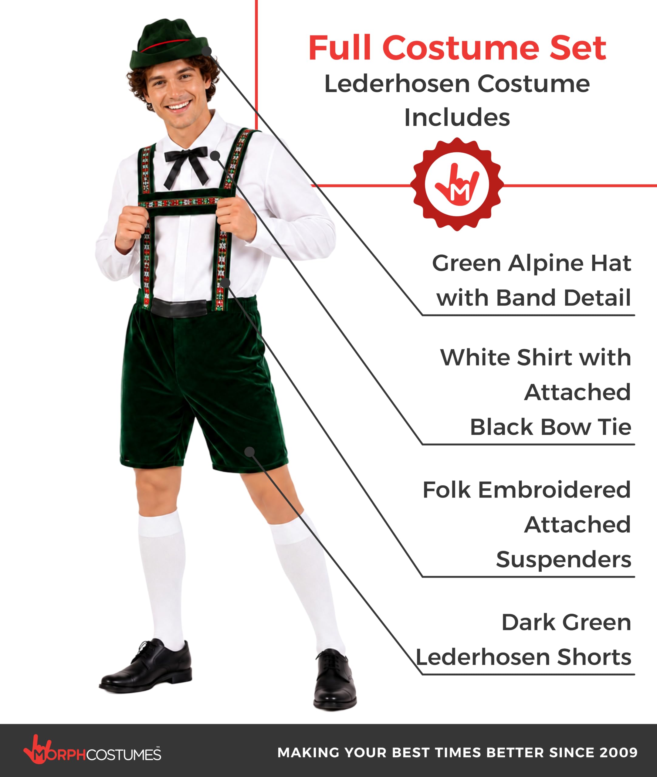 Morph Strój Oktoberfest dla Mężczyzn - Bawarskie Lederhosen z Koszulą i Kapeluszem na Andrzejki