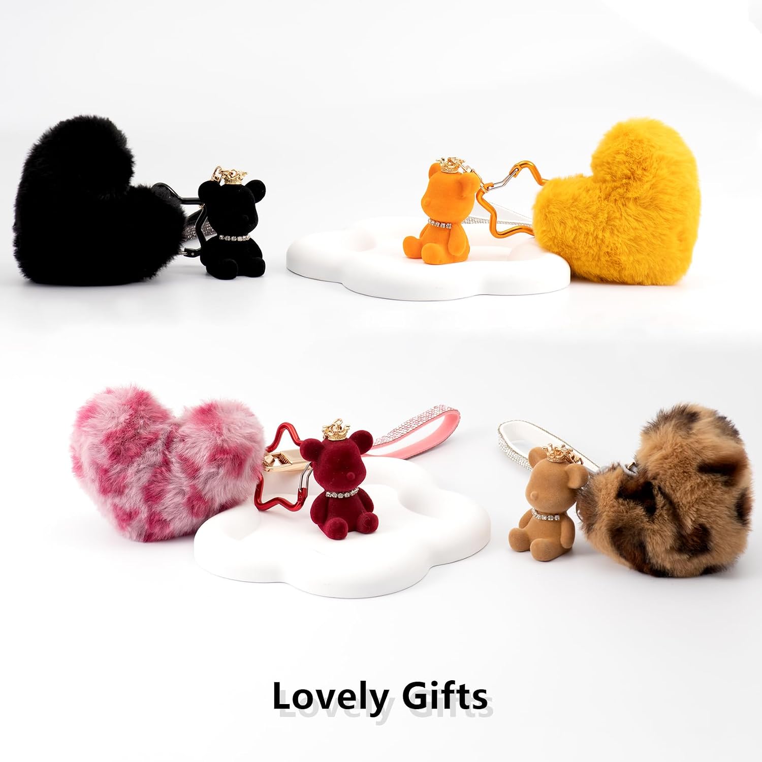 Key Chain Women Cute Bear Bag Charm with Heart Pom Pom Puff Ball Keychain Charms for Purse Backpack