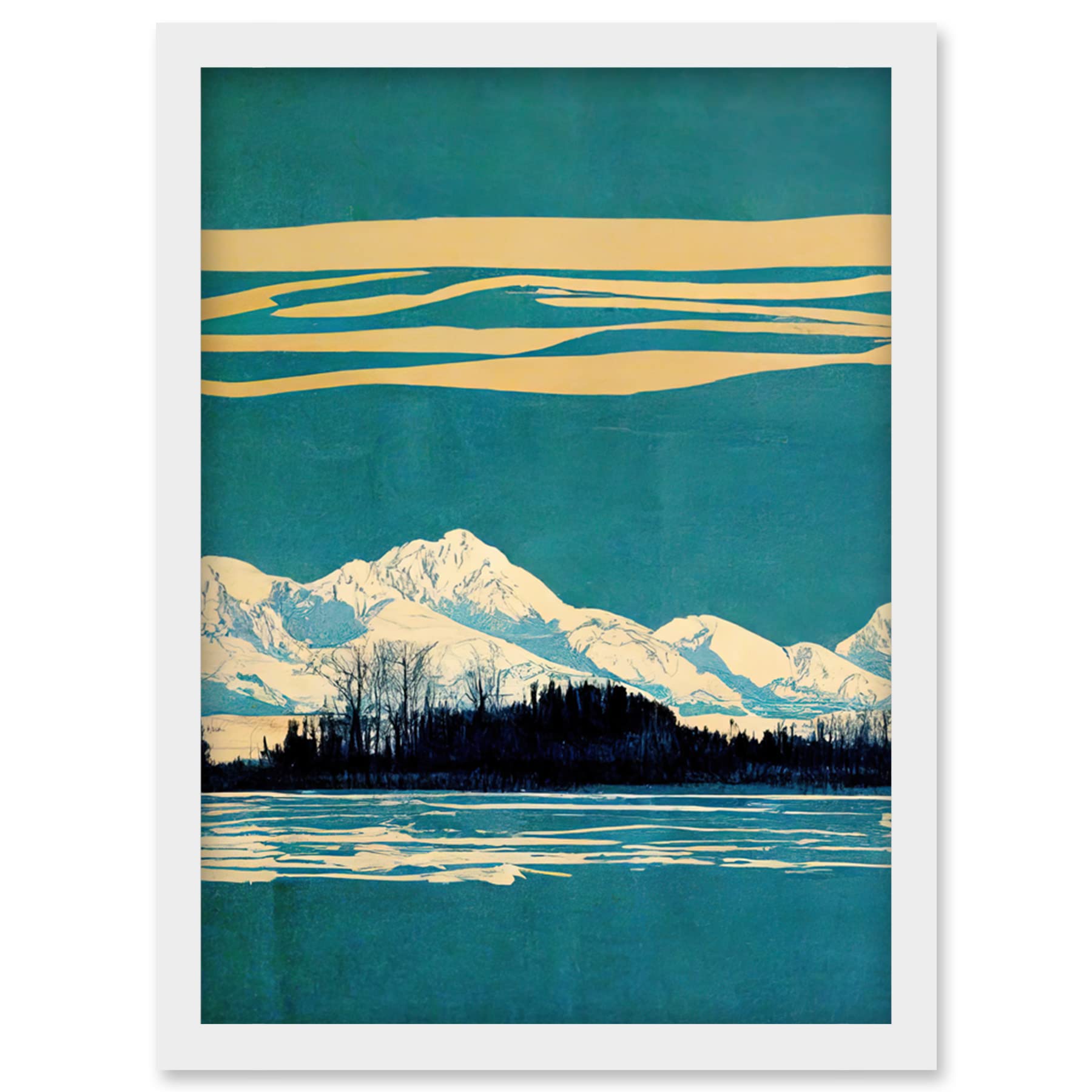 Wee Blue Coo Winter Lakeside Landscape With Snowy Mountains Duotone Teal Artwork Framed Wall Art Print A4