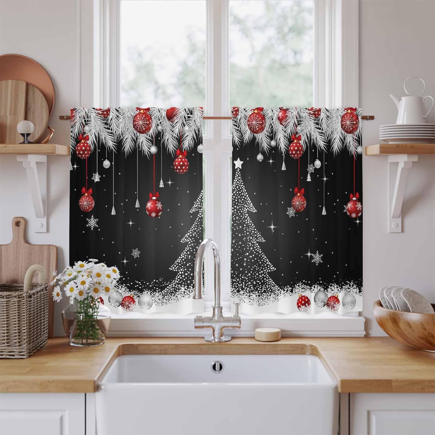 Black Christmas Tree Kitchen Tier Curtains 45 Inch Long 2 Panel Set,Rod Pocket Short Window Treatment,Xmas Balls Pine Needles Snowflake Curtains & Drapes for Bathroom Basement 27.5"W x 45"L