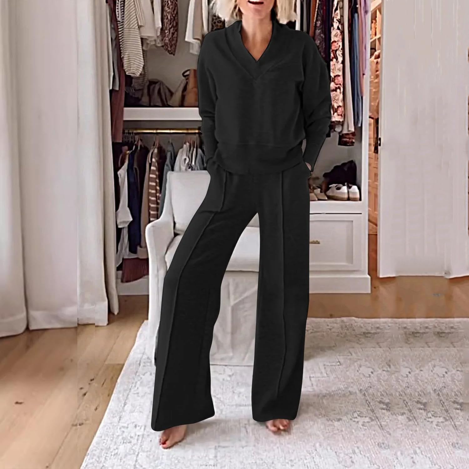 Conjunto de Dos Piezas de Top y pantalón con Escote en V de Color Liso para Mujer, Conjuntos Casuales de Mujer con Pantalones Largos de Pierna Ancha, Conjunto de salón de otoño (M,Black)