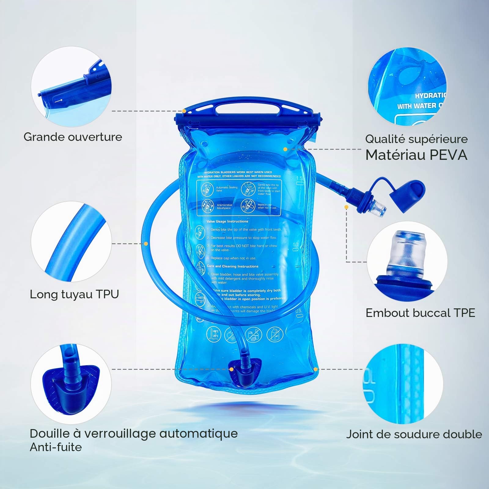 JOYHILL Poche d'hydratation, 3 L, 2 L, 1,5 L, sans BPA, réservoir d'eau de 3 litres, grande ouverture, étanche, sac de rangement d'eau militaire pour cyclisme, randonnée, camping, cyclisme, course à