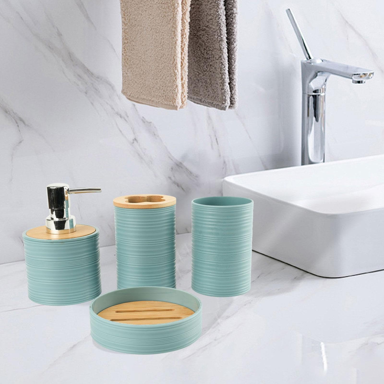 Set di 4 Accessori per Il Bagno, Set Completo di Accessori per Il Bagno, Decorazione per Il Bagno, Porta spazzolino Decorativo per mobiletto da, Blu