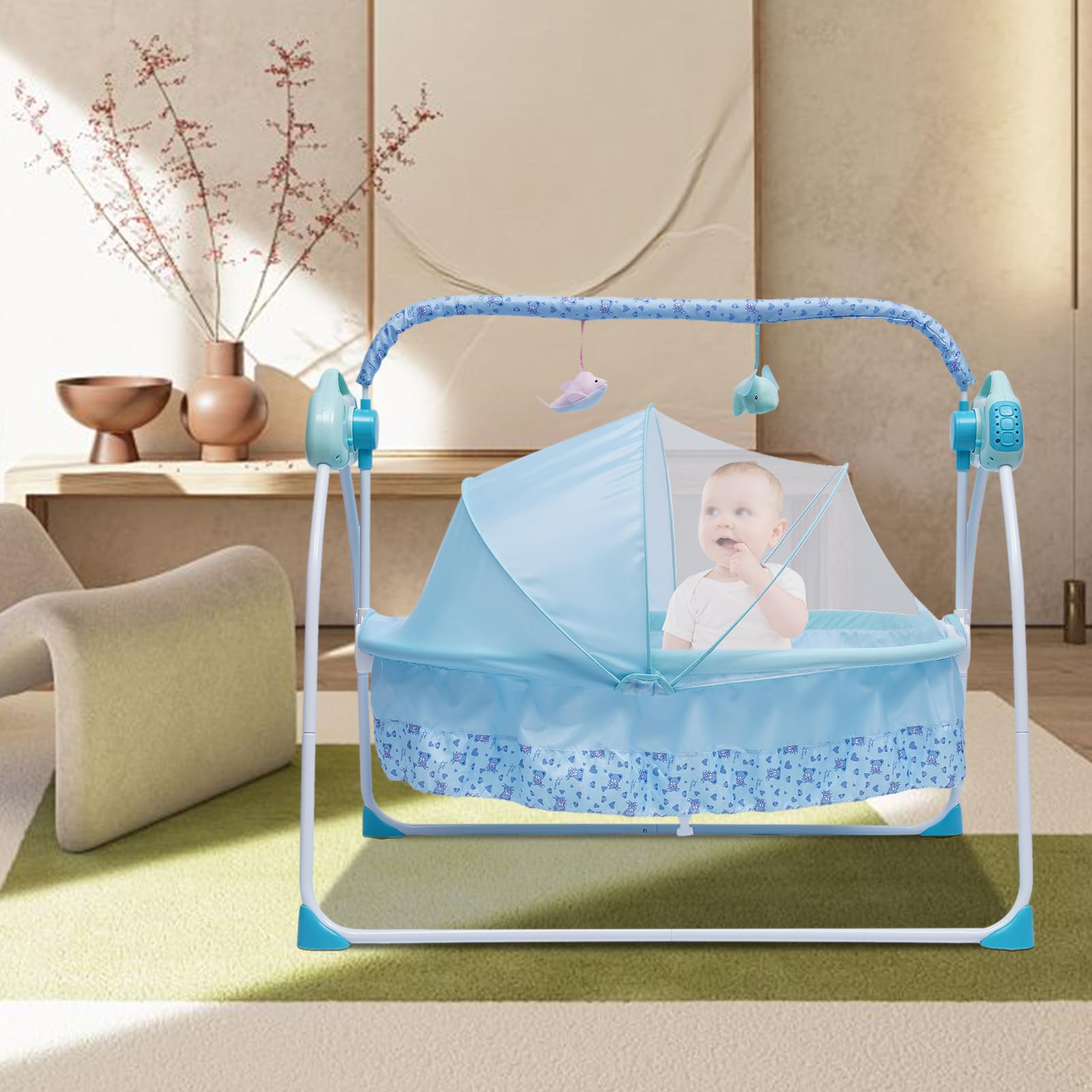 ÉLectrique Bluetooth Intelligent Lit Cododo Bebe, Lit BéBé ÉLectrique, BalançOire Automatique, Lit BéBé 5 Vitesses, Fonction De Minuterie, BalançOire Avec Jouets Moustiquaire, Pour 0 à 18 Mois (Bleu)