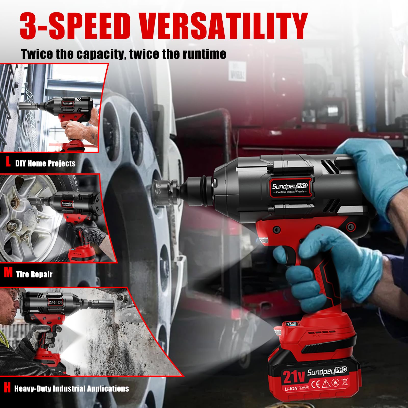 Chiave a Impatto a Batteria 21V, Kit Chiave Avvitatore ad Alta 3/4" Coppia con 2 Batterie 4.0Ah, Caricabatterie Rapido, Adattatore 3/4" a 1/2", 5 Bussole a Impatto (17/19/21/22/24mm)