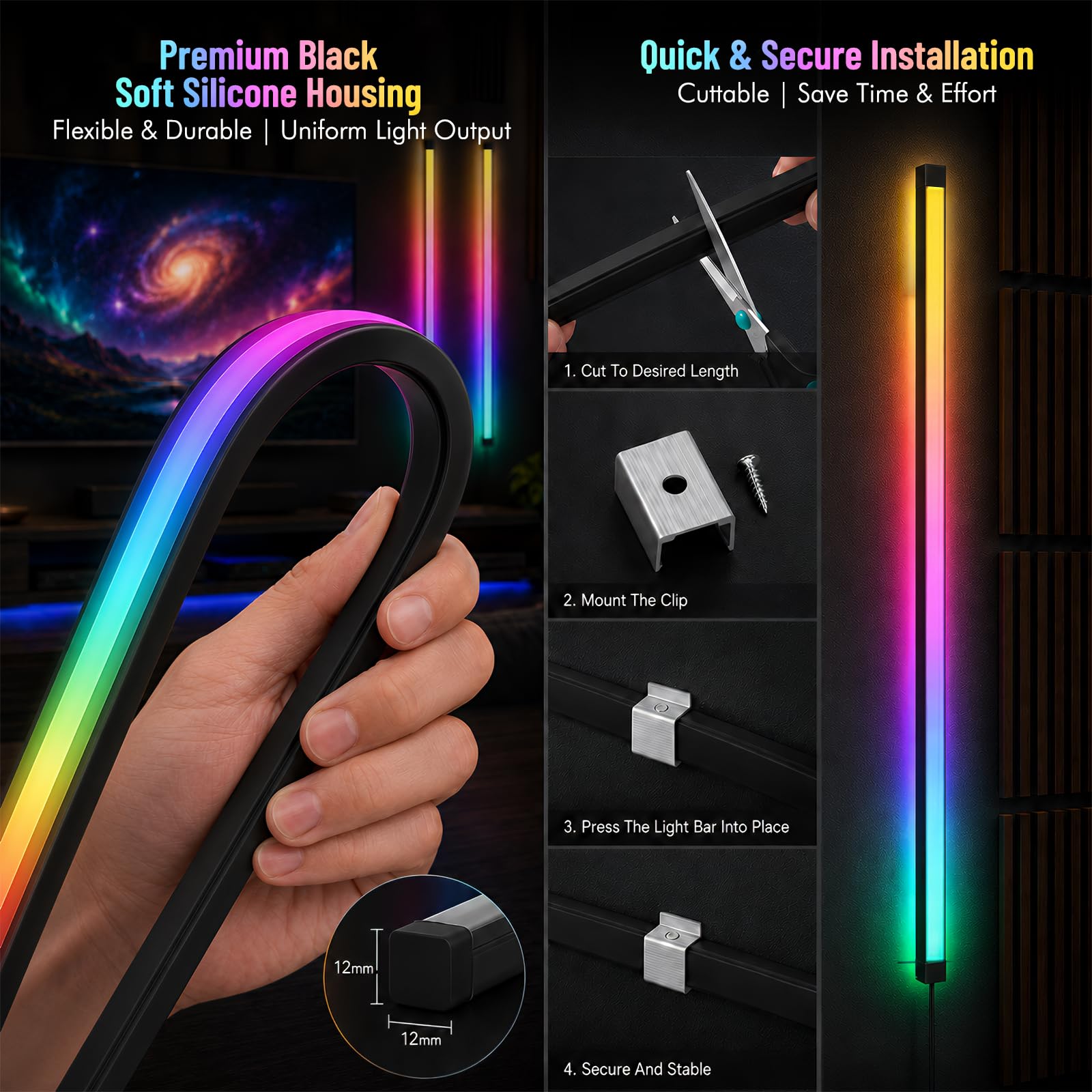 Illuminazione per Pannelli Acustici, Dimmerabile Sezionabile LED Integrati 6 LED Strisce RGB Dream Color 100cm Sincronizzazione Musicale Telecomando Regolazione Colore e Luminosità Controllo App