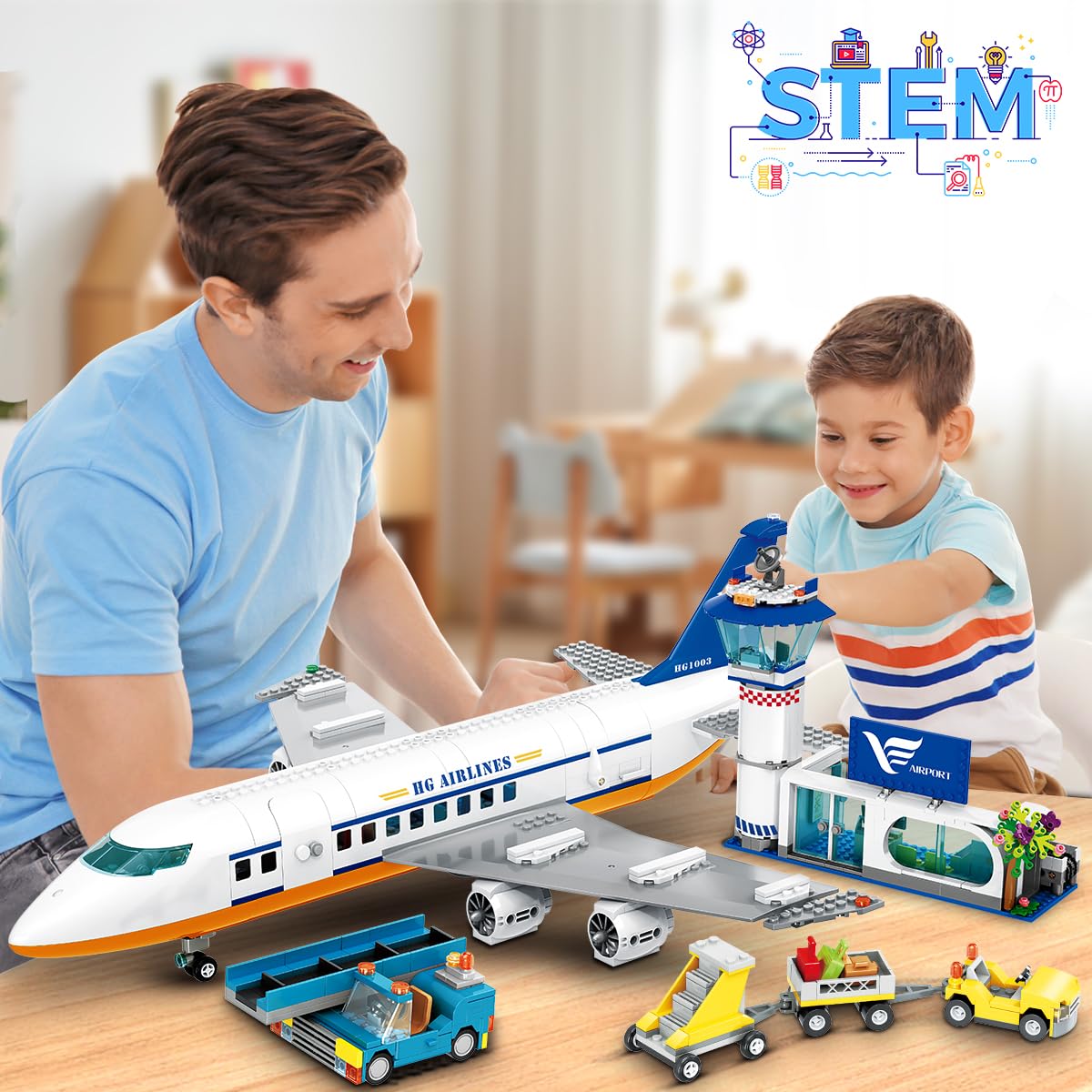 HOGOKIDS Juego de construcción de avión de pasajeros Urbano con luz LED, 901 Piezas de Bloques de construcción de avión con Terminal, Torre de Radar, Remolque de Equipaje, Regalos para niños Adultos