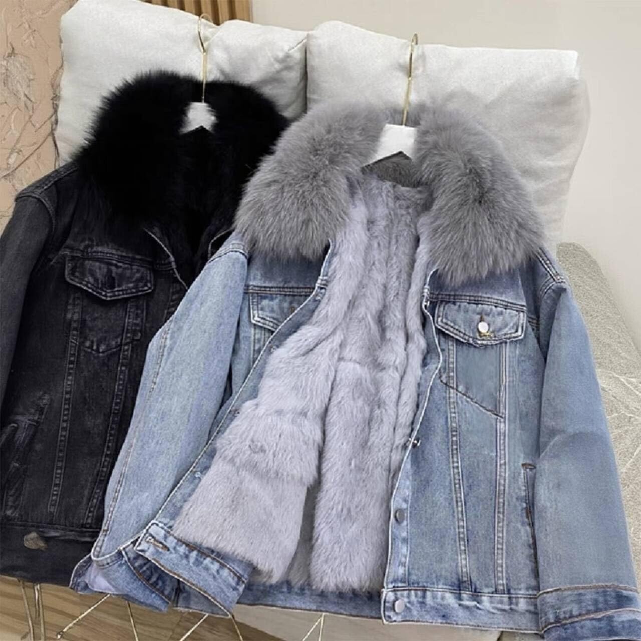 Women’s Denim Jacket Thickened Distressed Coat with Faux Fur Collar Warm Fleece Lined Parka Casual Winter Outerwear - Image 7