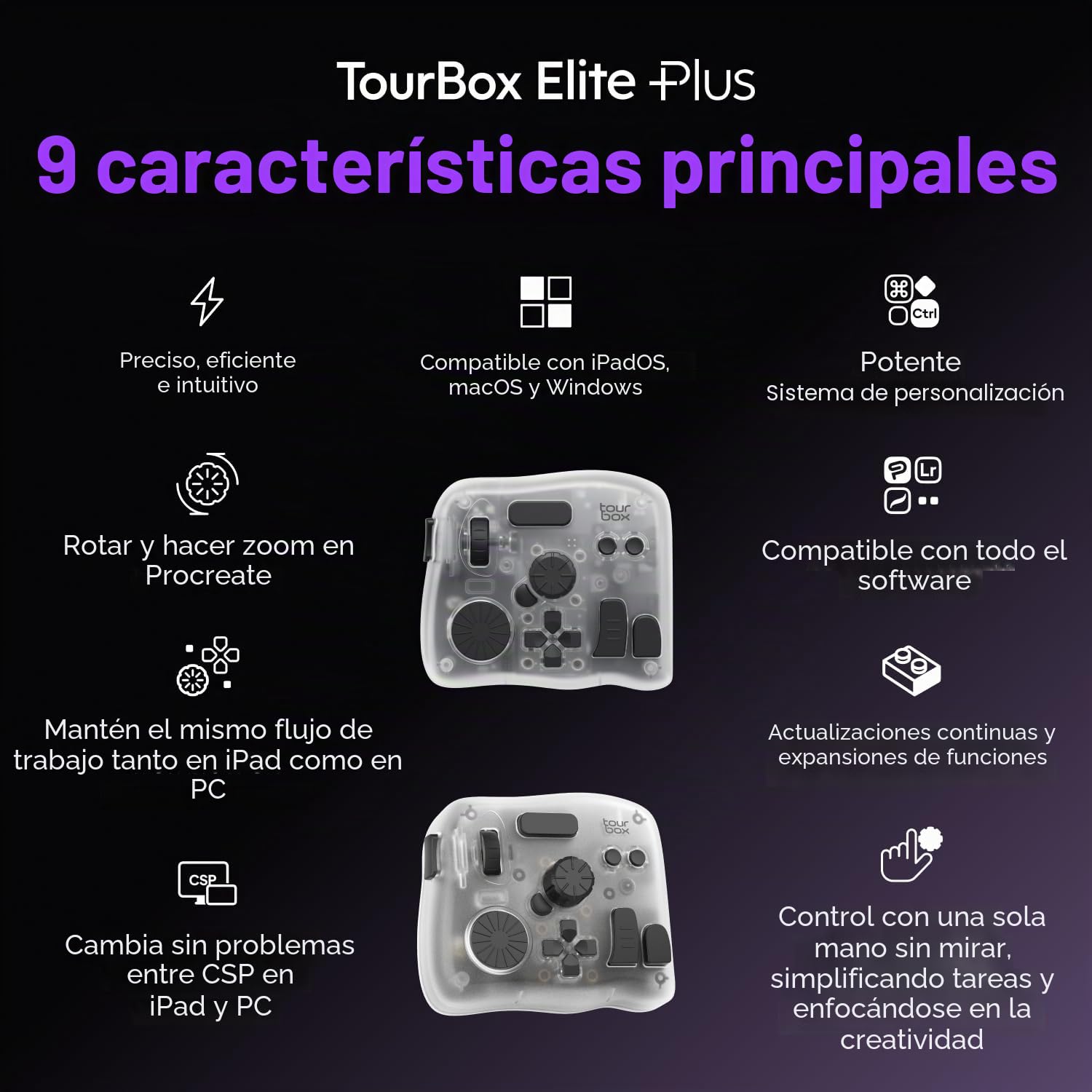 TourBox Elite Plus - Dibujo iPad, Controlador Bluetooth para Edición de Vídeo/Fotografía/Tableta Gráfica, Teclado Funciona con Procreate Lightroom Photoshop Davinci, Compatible con Mac/Windows/iPadOS