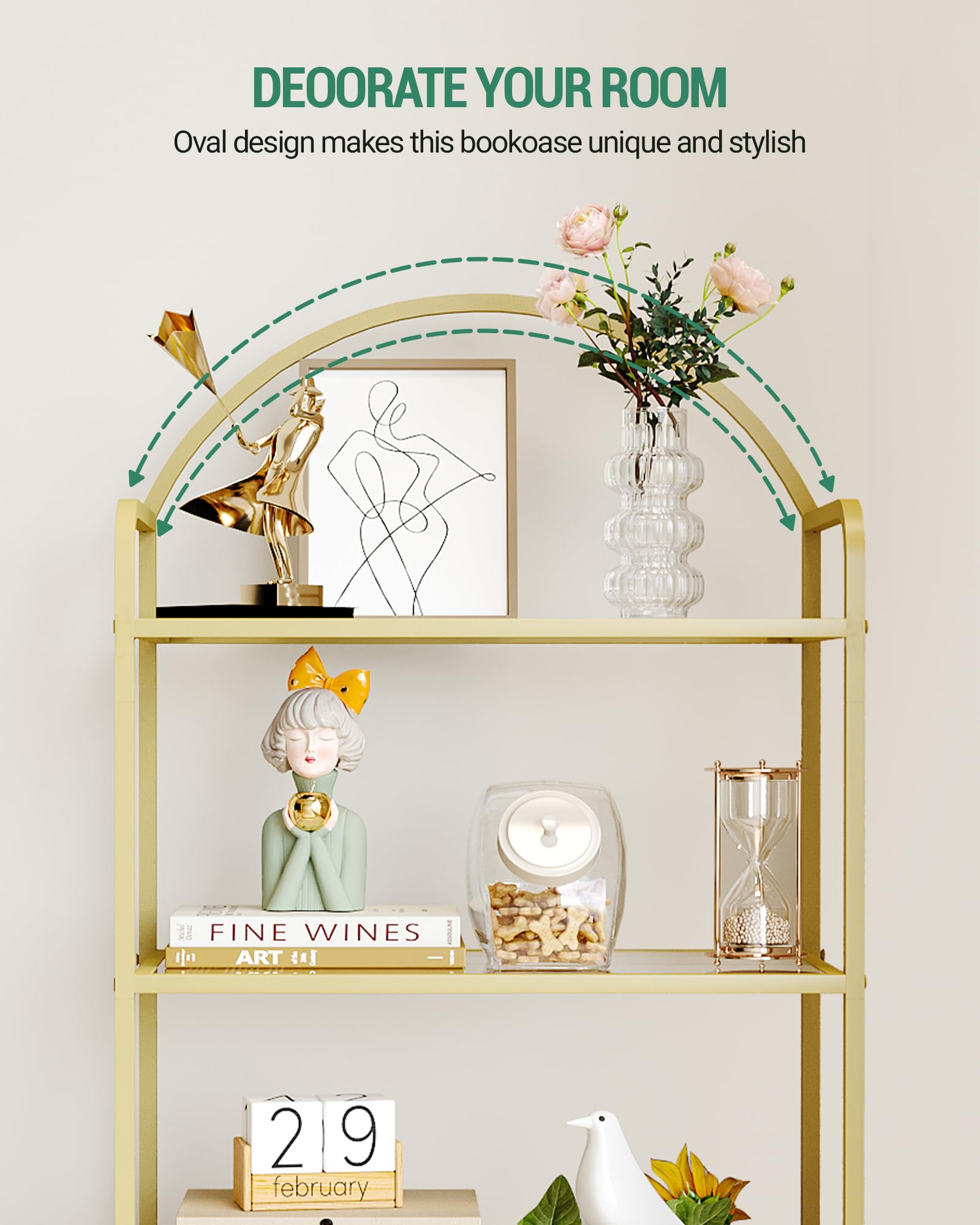 Hzuaneri Boekenkast, Boekenplanken Van Gehard Glas, Slank Schap Voor Slaapkamer, Badkamer, Thuiskantoor, Stalen Frame, 6 Verdiepingen Goud BC10601G