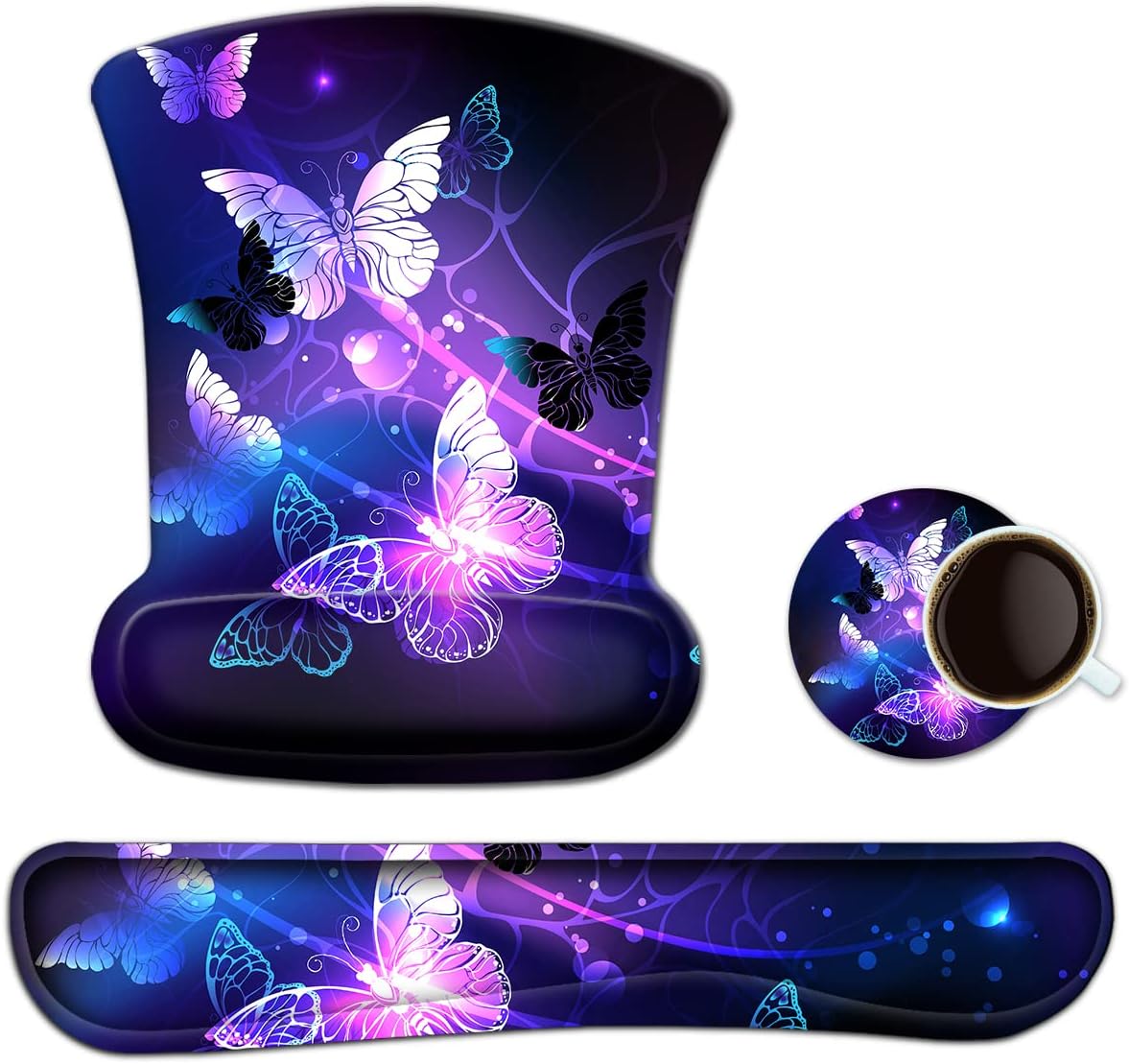 ToLuLu Keyboard Wrist Rest Pad Ergonomic Mouse Pad Set, Gel Mouse Pad for Computer Laptop, Non Slip Mousepad Keyboard Wrist Support Raised Memory Foam for Easy Typing Pain Relief, Art Butterflies