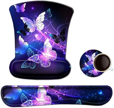 ToLuLu Keyboard Wrist Rest Pad Ergonomic Mouse Pad Set, Gel Mouse Pad for Computer Laptop, Non Slip Mousepad Keyboard Wrist Support Raised Memory Foam for Easy Typing Pain Relief, Art Butterflies