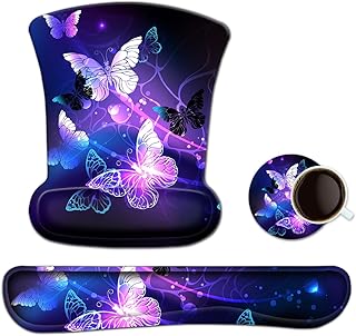 ToLuLu Keyboard Wrist Rest Pad Ergonomic Mouse Pad Set, Gel Mouse Pad for Computer Laptop, Non Slip Mousepad Keyboard Wrist Support Raised Memory Foam for Easy Typing Pain Relief, Art Butterflies