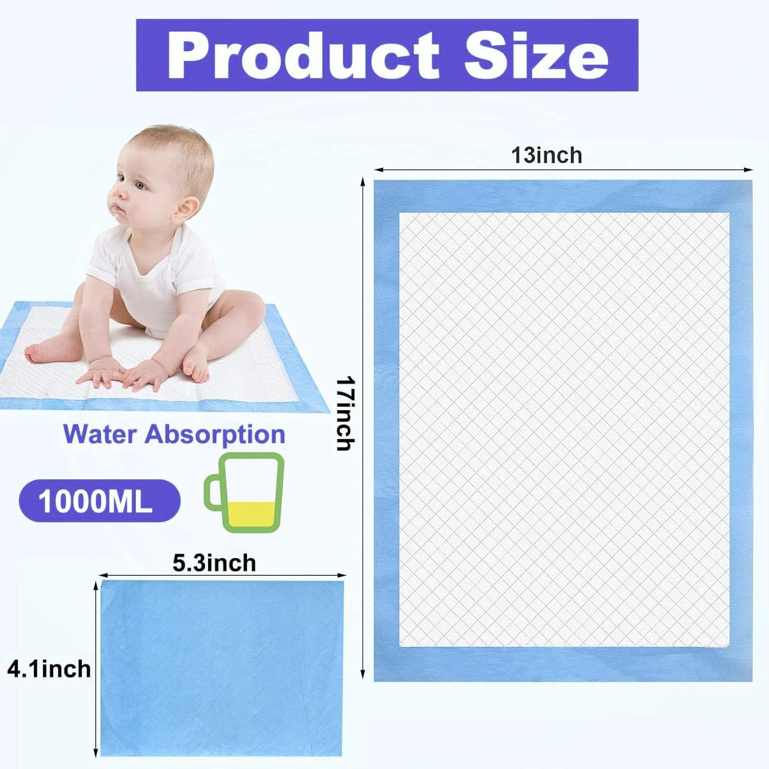 Paquete de 100 cambiadores desechables, pañales grandes a prueba de fugas, almohadilla impermeable para cambiar pañales, transpirable, grande, desechable, ultra absorbente, 17 x 13 pulgadas