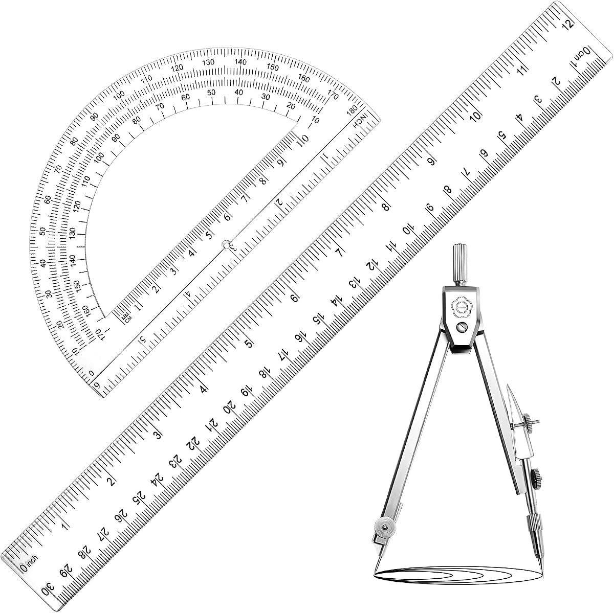 3 Pcs Plastic Ruler 6 Inch Protractor Drawing Compass Set, Student Geometry Math Transparent Measuring Tools for Home School Classroom Office Supplies(12 Inch,Clear)