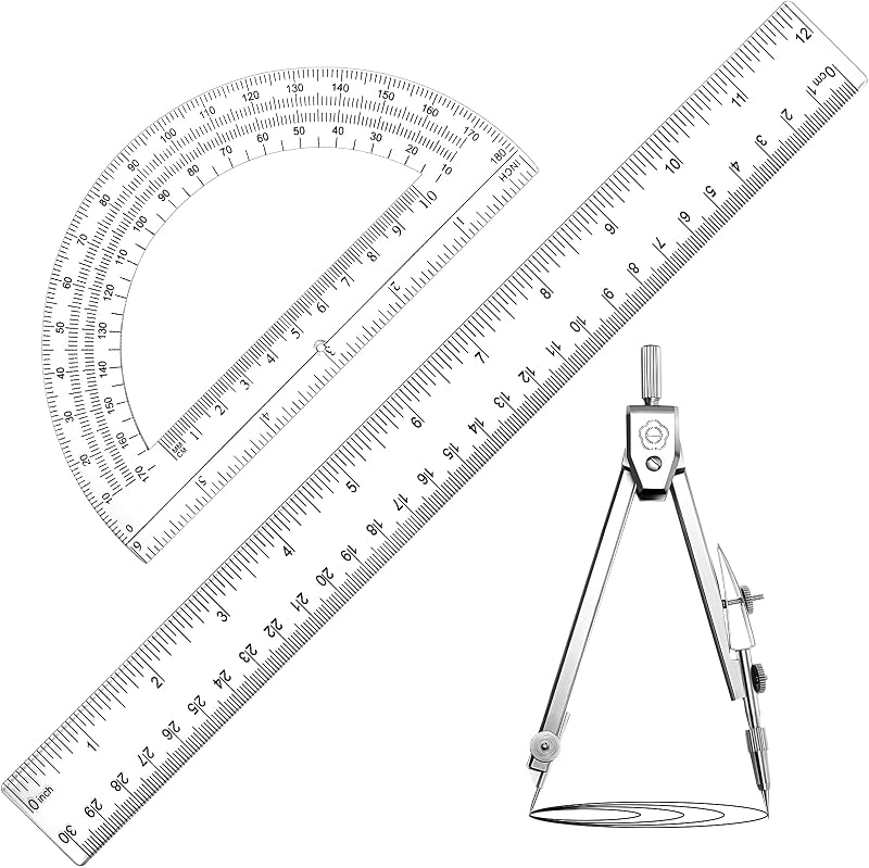 3 Pcs Plastic Ruler 6 Inch Protractor Drawing Compass Set, Student Geometry Math Transparent Measuring Tools for Home School Classroom Office Supplies(12 Inch,Clear)