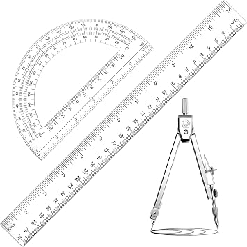 Zonon 3 Pcs 12" Clear Plastic Ruler 6 Inch Protractor Compass Set, Clear