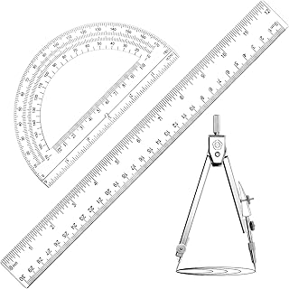 Zonon 3 Pcs Plastic Ruler 6 Inch Protractor Drawing Compass Set, Student Geometry Math Transparent Measuring Tools for Home School Classroom Office Supplies(12 Inch,Clear)