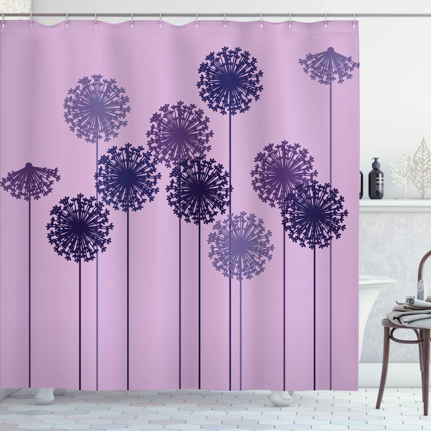 Ambesonne Dandelion Shower Curtain, Abstract Wildflower Silhouettes Botanical Inspirations Meadow in Summer Season, Cloth Fabric Bathroom Decor Set with Hooks, 69" W x 70" L, Mauve