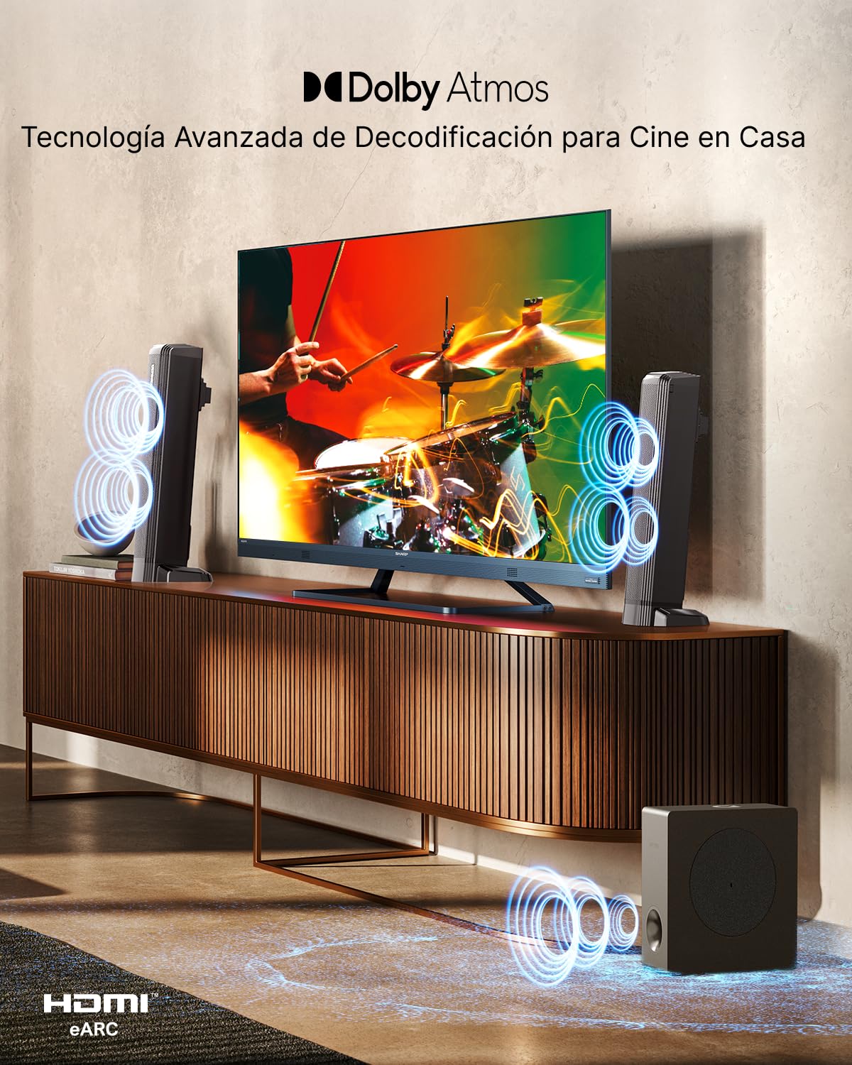 ULTIMEA 4.1ch Barra de Sonido TV Dolby Atmos, 2 en 1 Soundbar Bluetooth 5.3 con Subwoofer, Potencia 280W, 3 Modos EQ Barras de Sonido para TV, Aumento Graves, HDMI in/eARC, Serie Apollo S60