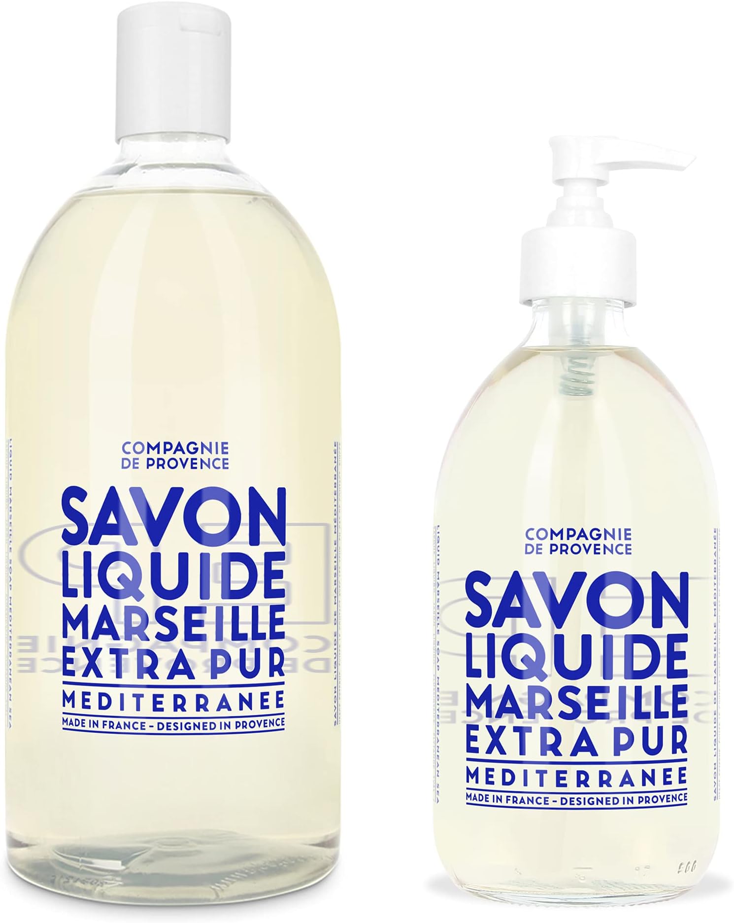 Compagnie de Provence Savon de Marseille Extra Pure Liquid Soap - Mediterranean Sea - 16.7 Fl Oz Glass Pump Bottle and 33.8 fl oz Plastic Bottle Refill