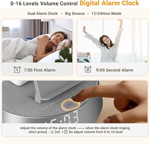 Miniatura 3 de Estación de carga de reloj despertador para dormitorios, estación de carga inalámbrica con luz nocturna regulable, altavoz Bluetooth, cargador