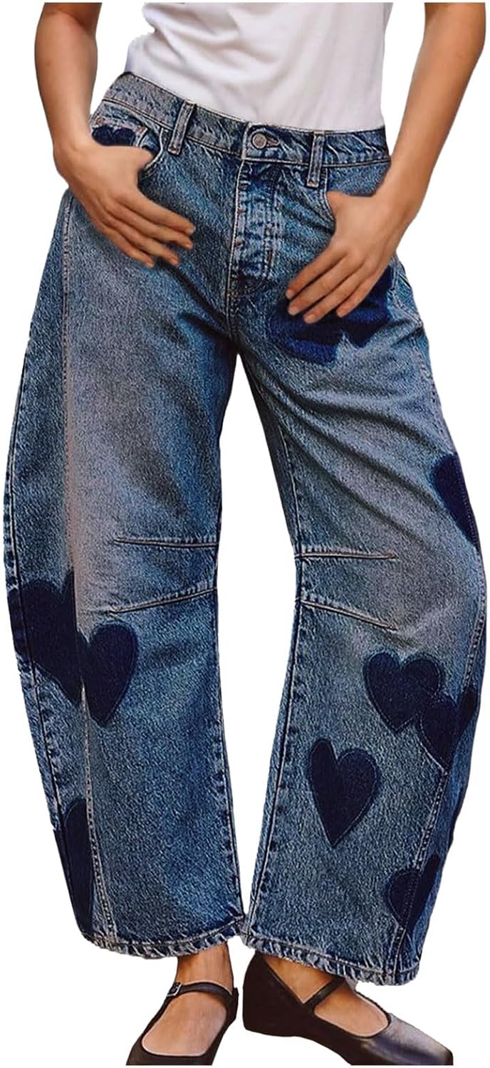 Generisch Barrel Jeans Women Mid Rise Heart Printed Denim Ankle Pants Baggy Boyfriend Jeans