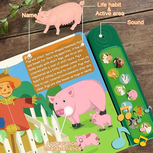 Miniatura 4 de Figuras de animales de granja, juguetes con 10 figuras de animales de plástico realistas y libro de sonido para niños, juguetes educativos de