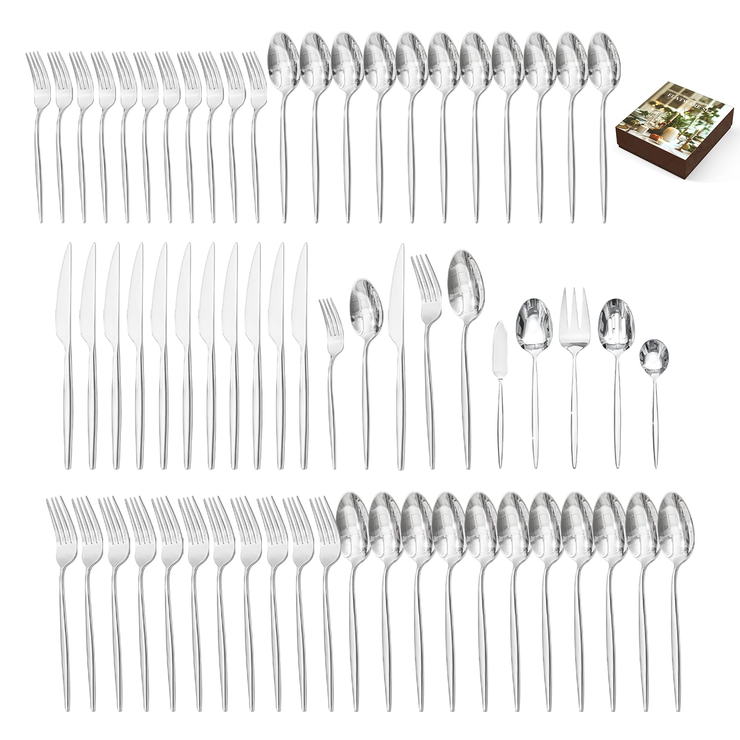 65 Piece Silverware Set for 12 with Serving Utensils, 18/10 Stainless Steel
