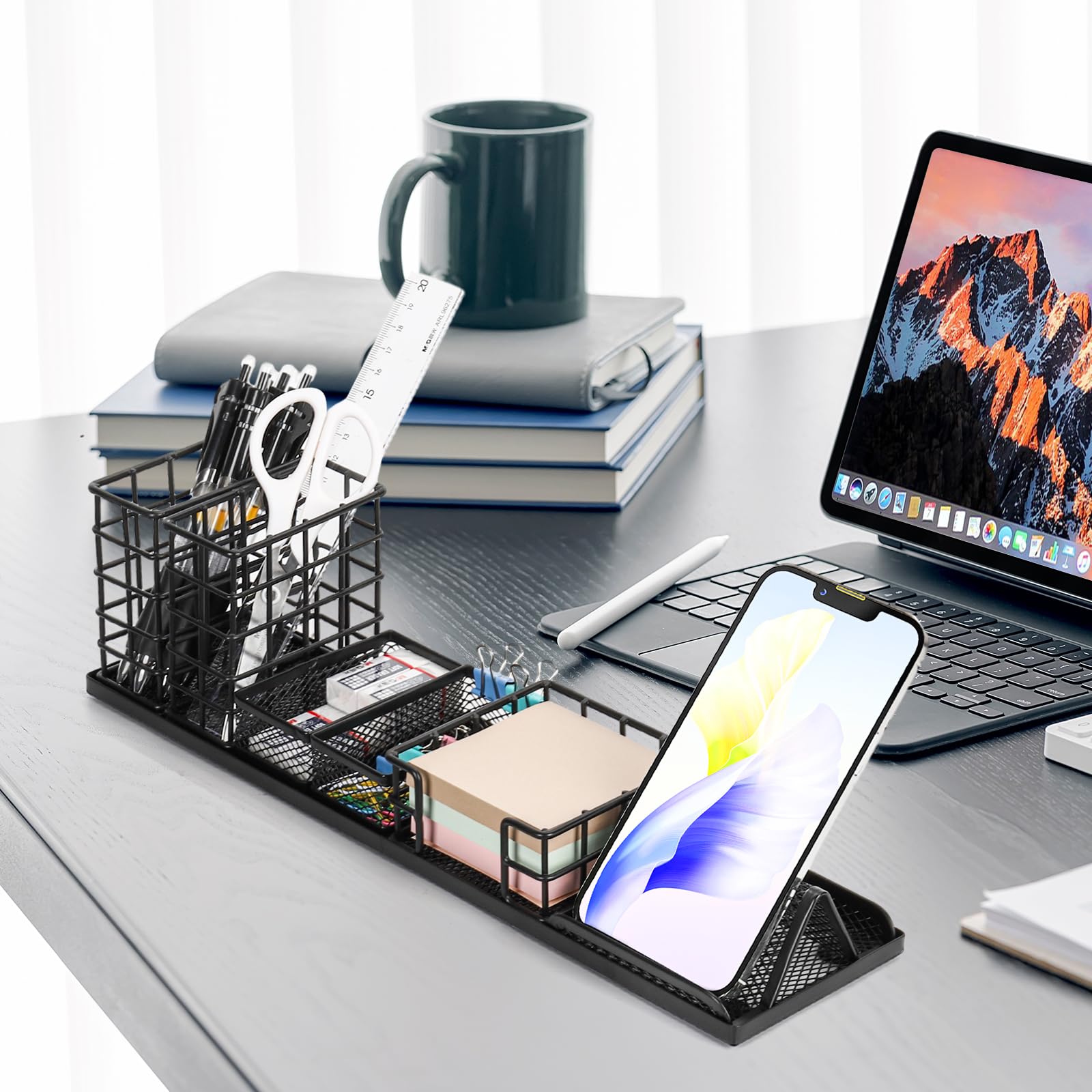 Organizer Scrivania Yanavee - Portapenne, Supporto Telefono, Magnetico, In Legno E ABS