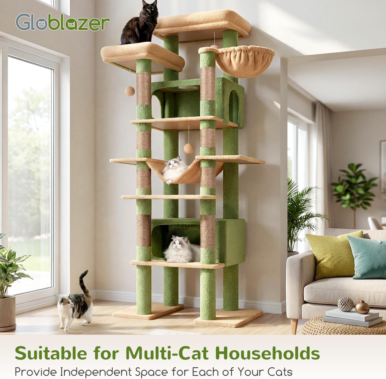 Globlazer XXL Cactus Giant Cat Tree, 83 Inch Heavy Duty Cactus Tall Cat Tower for Indoor Cats Large Adult, Multi-Level Large Cat Condo with 8 Scratching Posts, Hammock, 2 Platform, F83B, Green