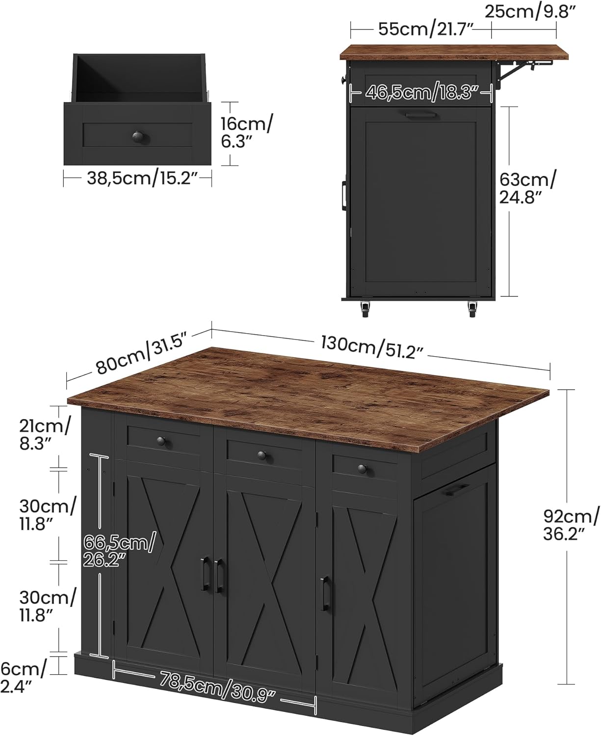 51.2" Movable Kitchen Island Table with Foldable Top, Kitchen Island Cart with Storage, Trash Bin Cabinet, 2 Drawers, Spice Rack, Shelf Adjustable, Black and Rustic Brown MZD03BF