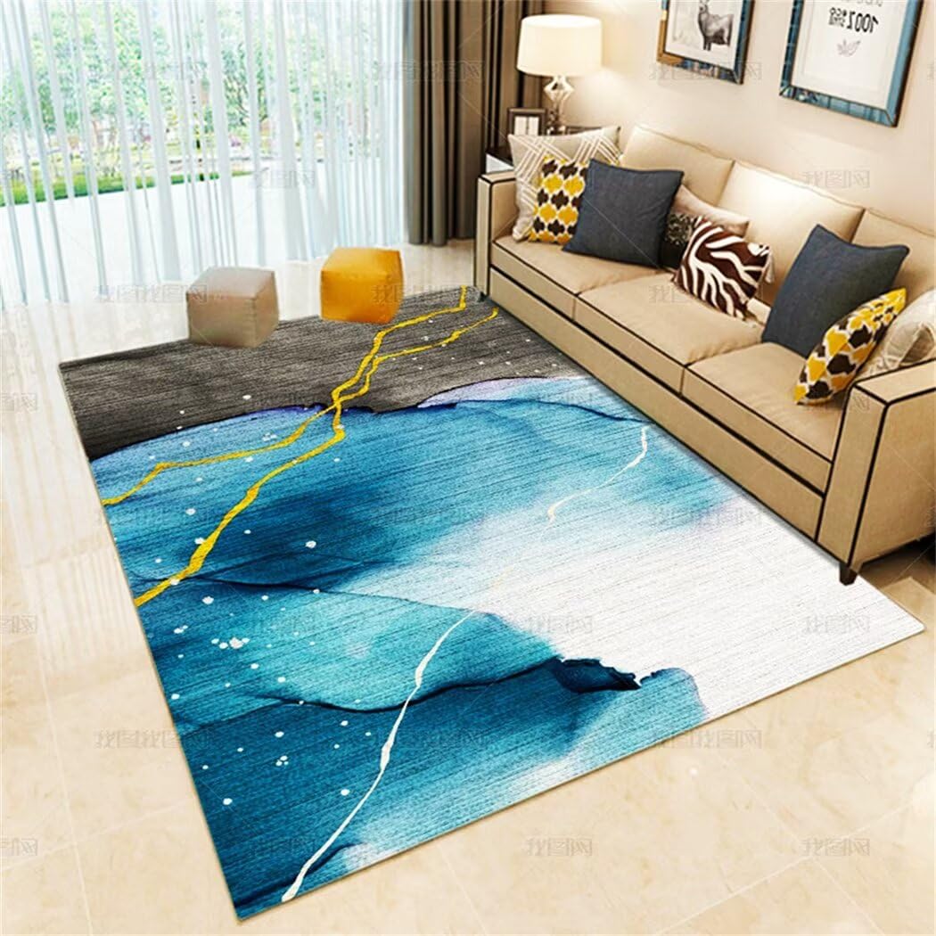Tapis de salon bleu 200X290cm grand tapis de chambre lavable et moderne