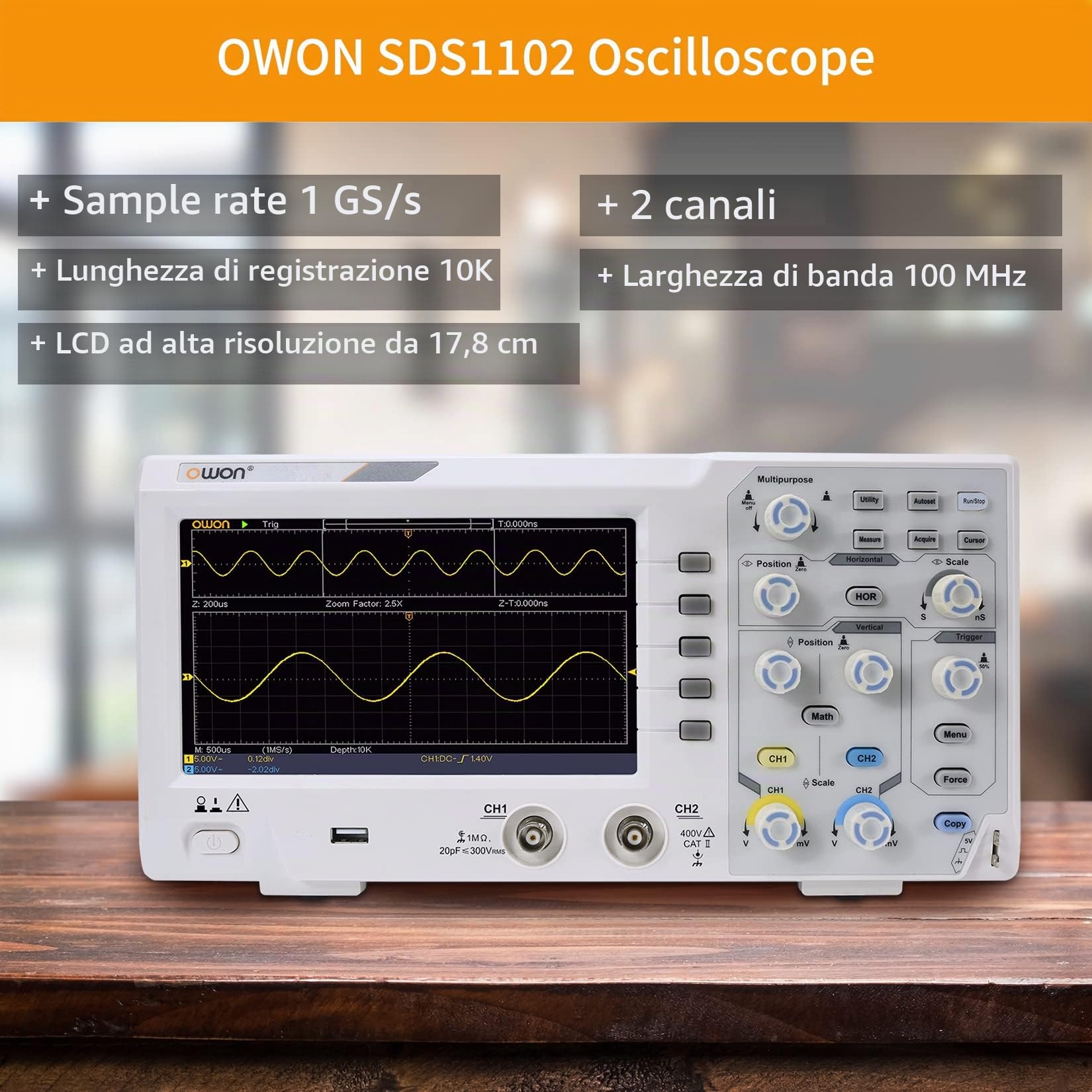 OWON SDS1102 Oscilloscopio digitale con 2 canali, frequenza di campionamento 1GS/s, LCD ad alta risoluzione da 7 pollici, larghezza di banda 100MHZ, kit oscilloscopio professionale portatile