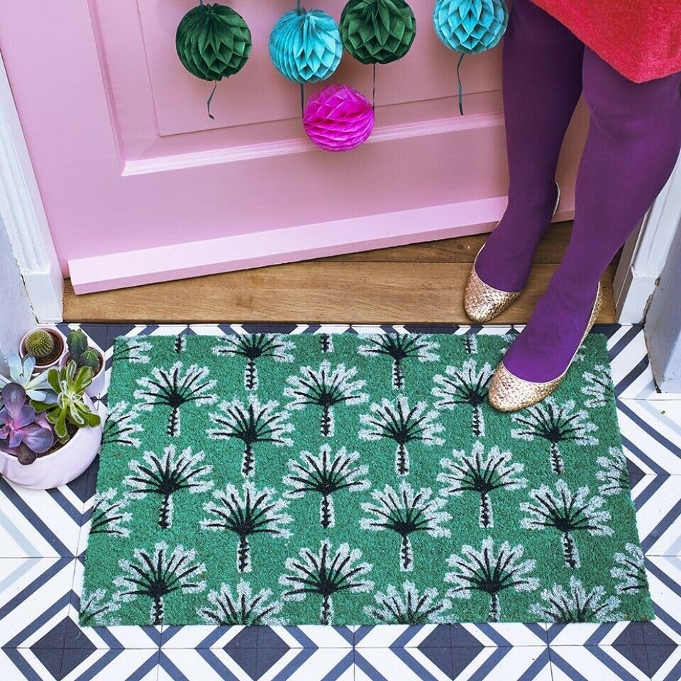 Bombay Duck Green Geometric Pattern Fantail Palm Tropical Doormat - Fun Animal Print Doormat - Fun Bright Natural Coir Welcome Mat - New Home Gift