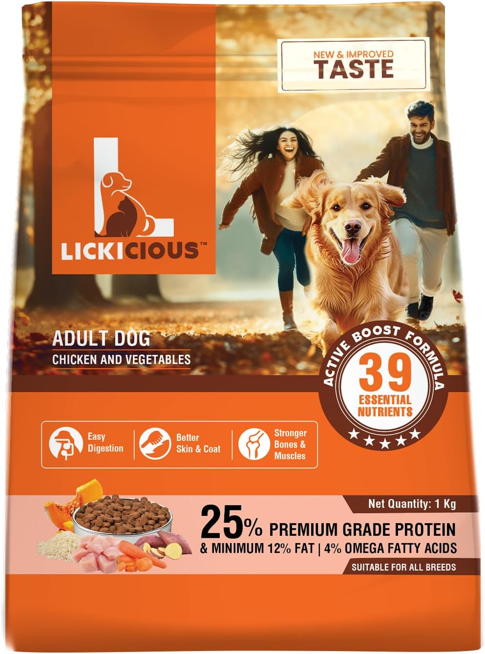 LICKICIOUS Dry Dog Food Adult 1kg | High Protein Chicken, Rice, Vegetables | 39 Essential Nutrients | Healthy Skin Shiny Coat, Strong Bones & Muscles| Complete Balanced Pure Pet Food for Pedigree Dogs