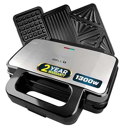 IBELL Sm3010M 3-In-1 Sandwich Maker Big Size, 1300 Watt, 2 Year Warranty, With Automatic Temperature Control And Detachable Plates For Toast/Waffle/Grill (28.5 X 25 X 10 Cm), Black