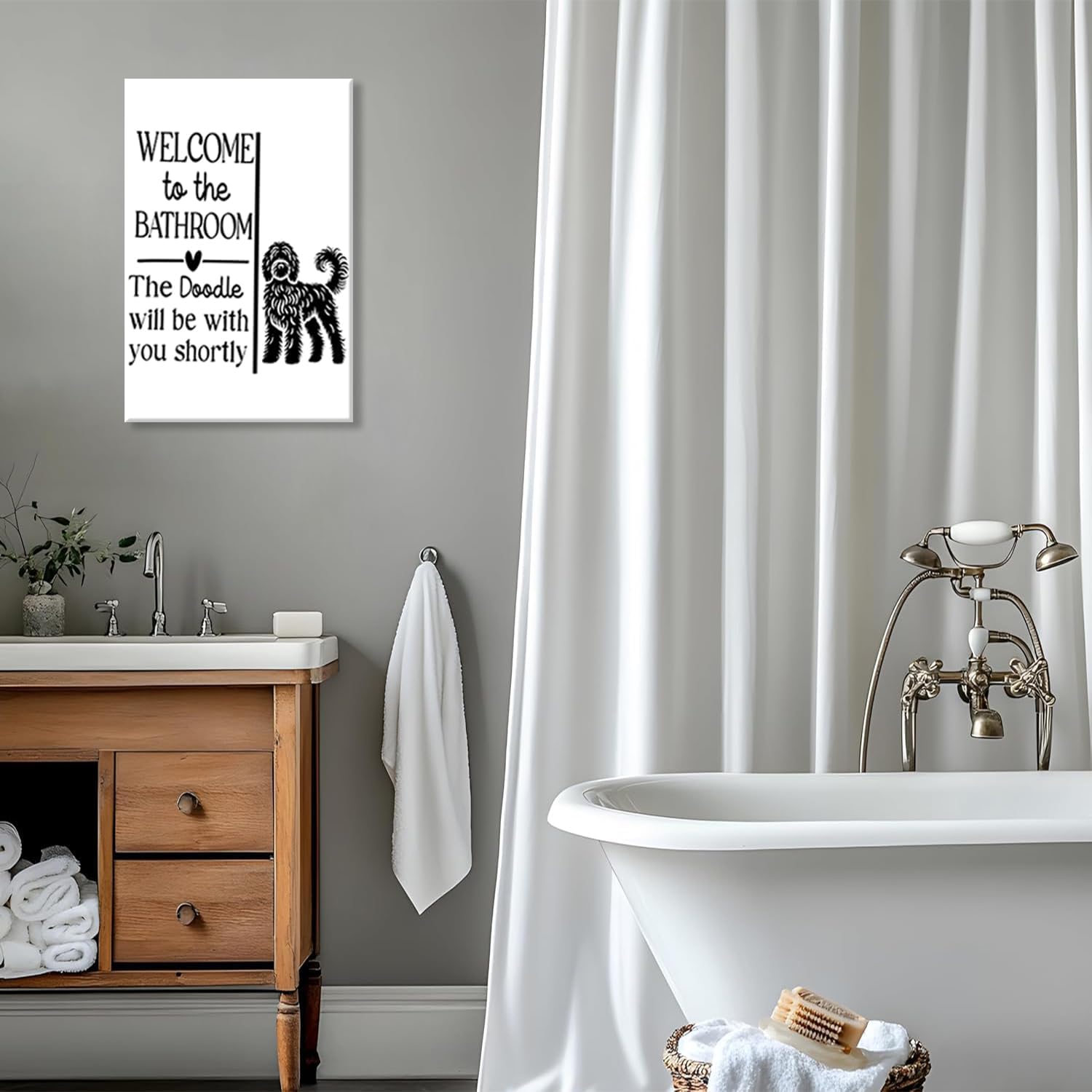HNNXAR Funny Bathroom Wall Art,Welcome To The Bathroom The Doodle Will Be With You Shortly Signs Picture Poster,Black and White Funny Canvas Painting Prints,Cute Dog Wall Decor 16x24in