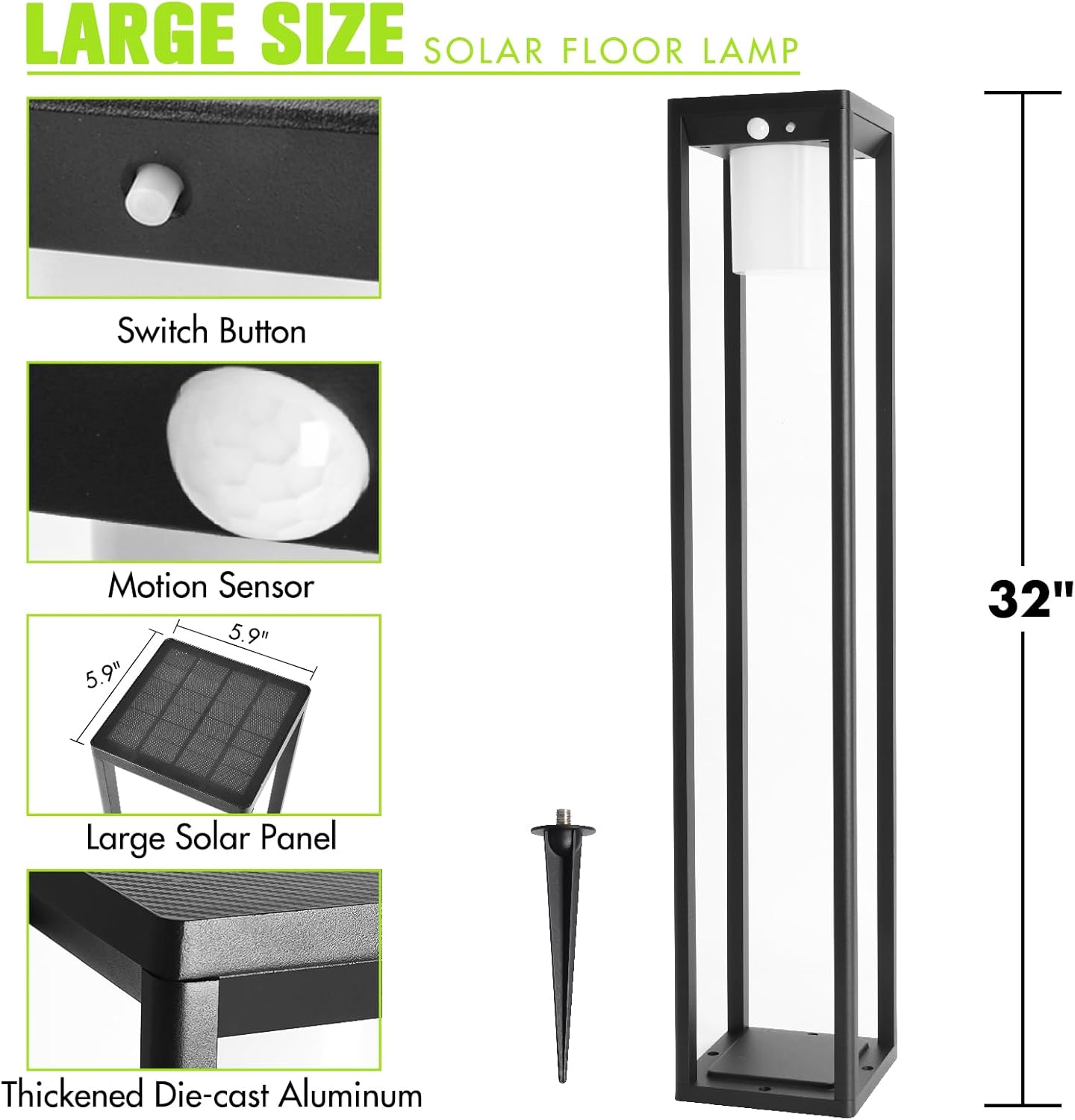 Solar Motion Pathway Lights Outdoor, Aluminum Waterproof Floor Lamp, 3 Lighting Modes 600 Lumens Super Bright Outdoor Floor Lamp for Garden Backyard Patio Porch Decor, 32" Black