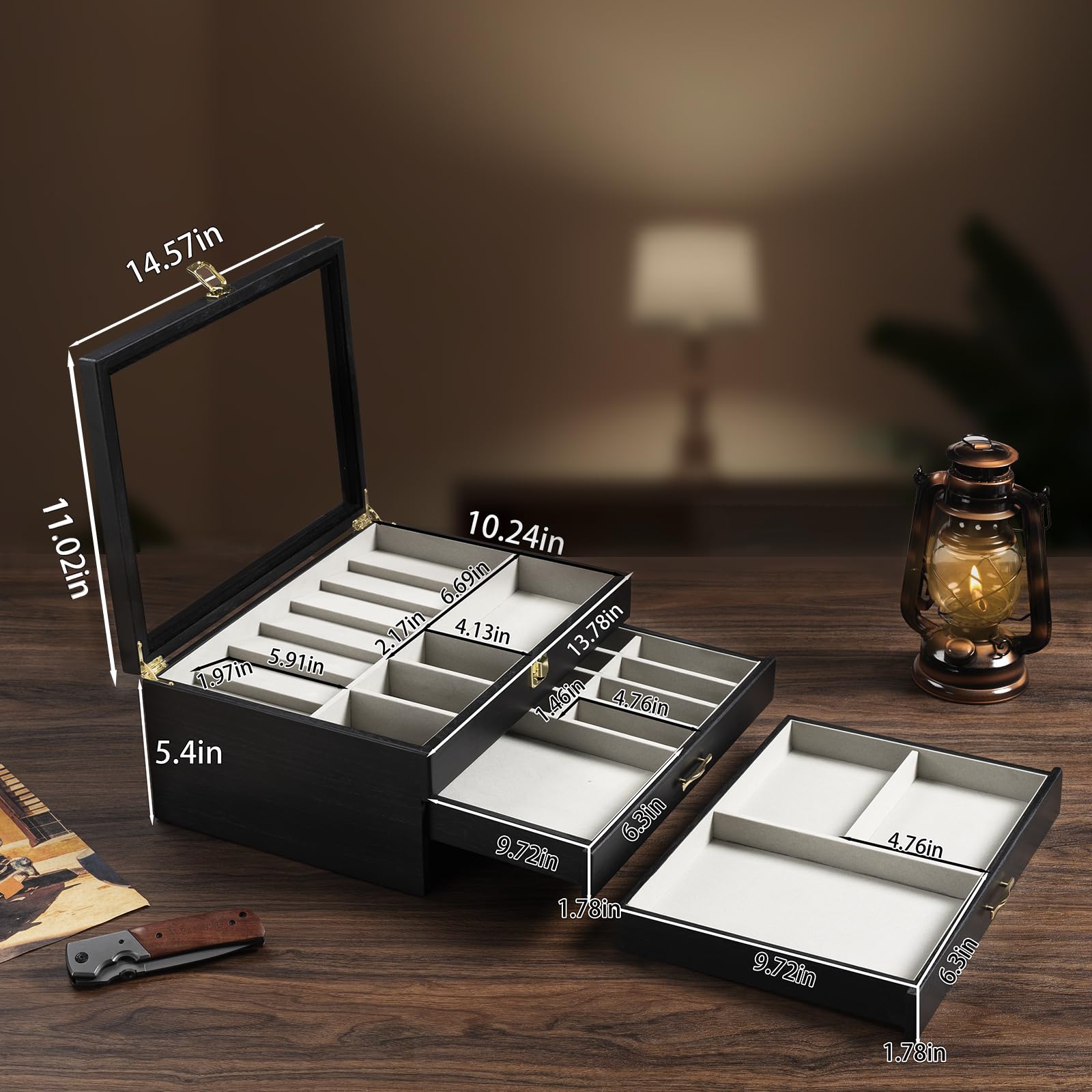 3 Étages Coffret Poignard, Bois Boîte Présentation Poignard pour 30 à 36 Couteaux de Poche, Grande Vitrine à Couteaux avec Vitre Supérieure en Verre Véritable, pour Collection, Cadeau (Noir)
