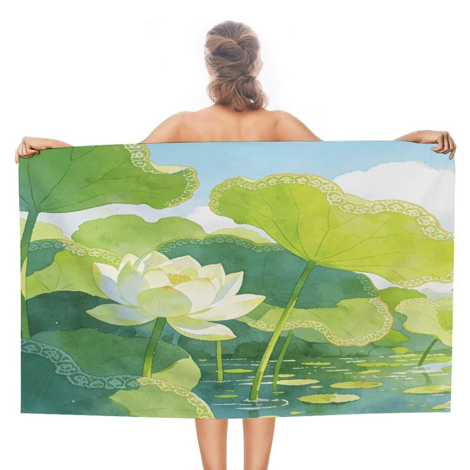 VstaDank Green Lotus Pond Bath Towel Stylish Double-Faced Pile Travel Towel Soft Absorbent Beach Towel for Pool Swim Sports Camping Adults Gift 51X31 Inch