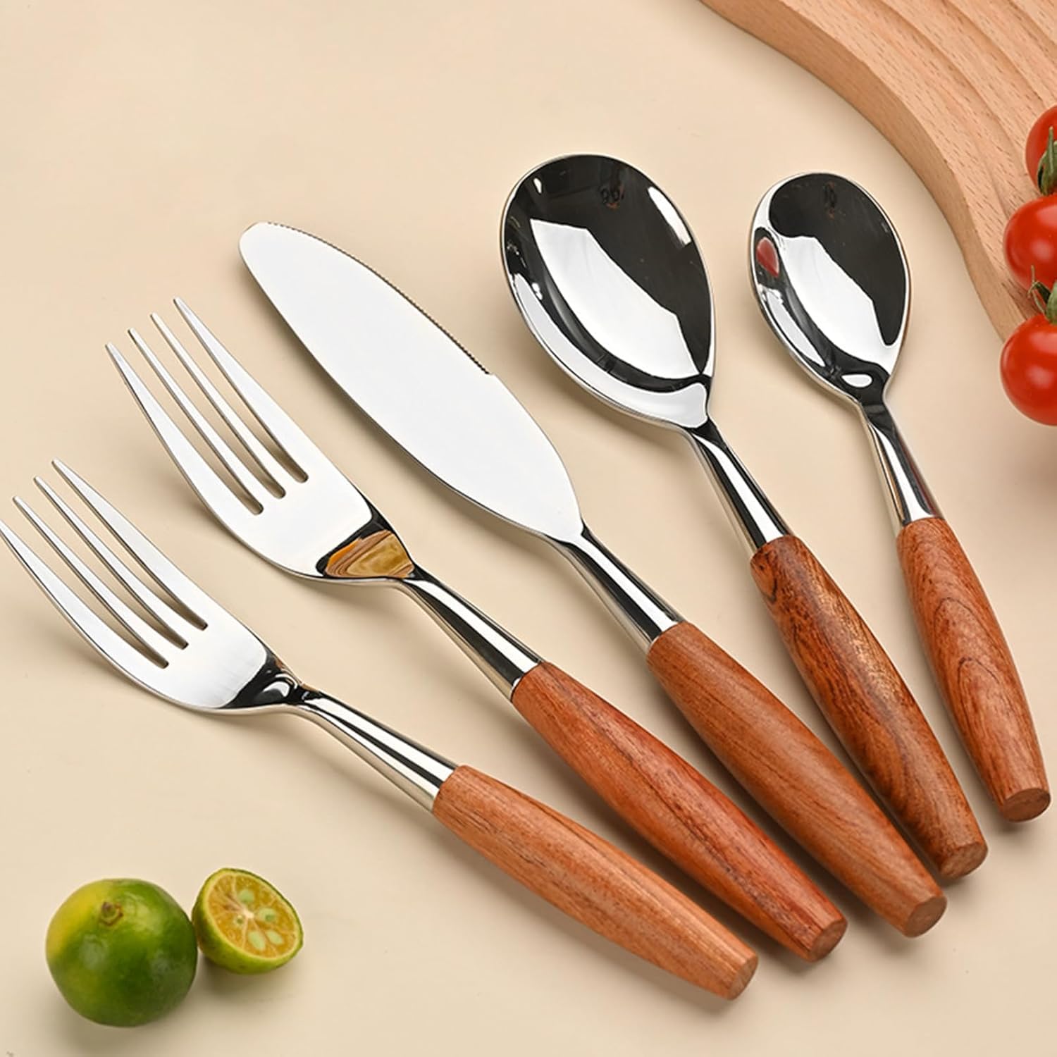 Juego De Cubiertos con Mango De Madera para 8 Personas, Juego De 40 Piezas, Cubiertos Modernos De Acero Inoxidable 18/8, Juego De Utensilios único con Silver Silverware Set for 4