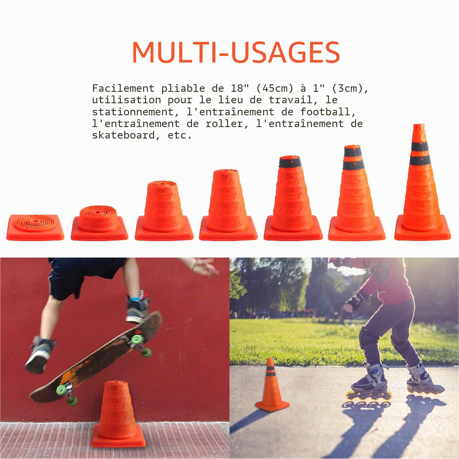 Paquet de 2 cônes de sécurité Orange Pliables de 18 Pouces/cônes de Circulation Orange/cône de sécurité réfléchissant Multi-usages, cônes de Conduite pour l'entraînement, cônes de stationnement