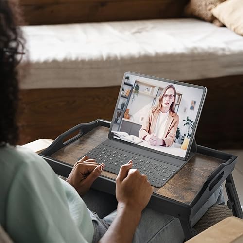 Miniatura 10 de Bandeja de cama Bandeja de desayuno Bandeja de bambú Cama Laptap Floding Patas con asas y soportes para teléfono