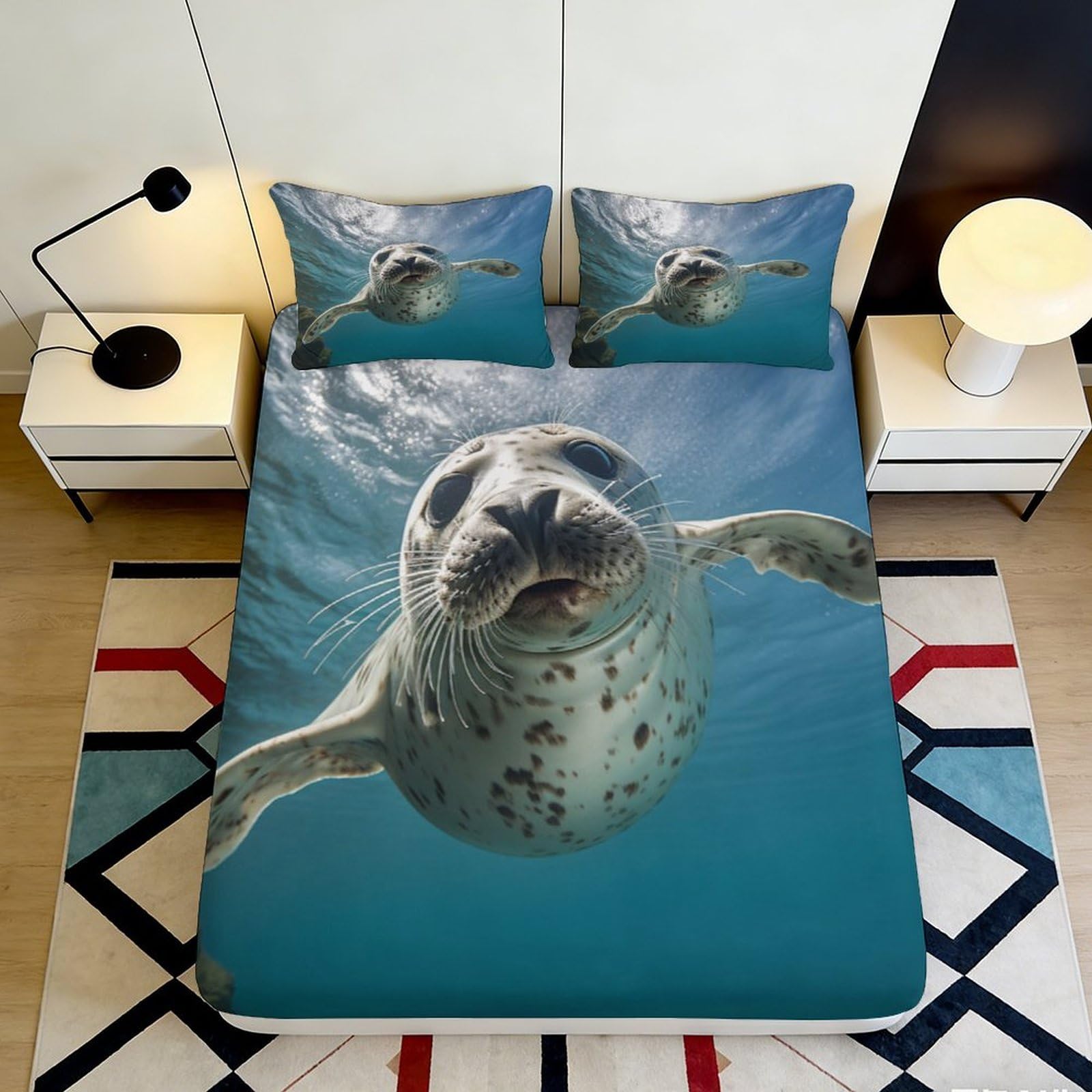 3D Printed Swimming Seal Fitted Sheet Microfiber Soft Breathable Underwater Animal Bed Cover for Bedroom Dormitory Guest Room Mattress Protection 180x200x25cm