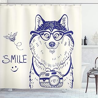 Ambesonne Alaskan Malamute Shower Curtain, Cartoon Style Smart Puppy with Glasses Photo and Bee Smile Doodle, Fabric Bathroom Decor Set with Hooks, 69" W x 70" L, Blue White